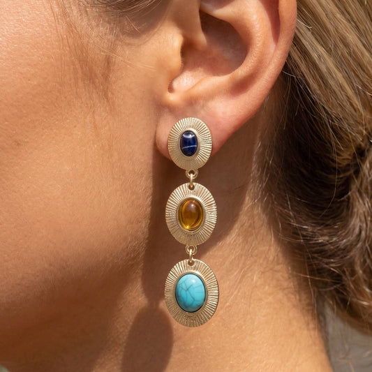 Sunburst Etched Triple Cabochon Drop Earrings