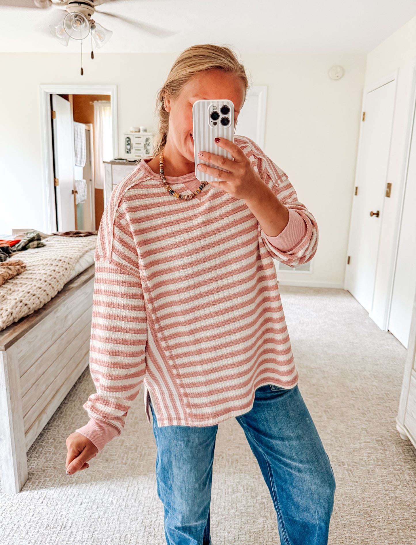 The Cozy Contrast Waffle Top-Pink
