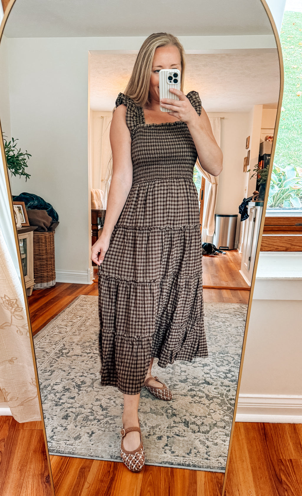 Sweetly Plaid Brown Smocked Midi Dress