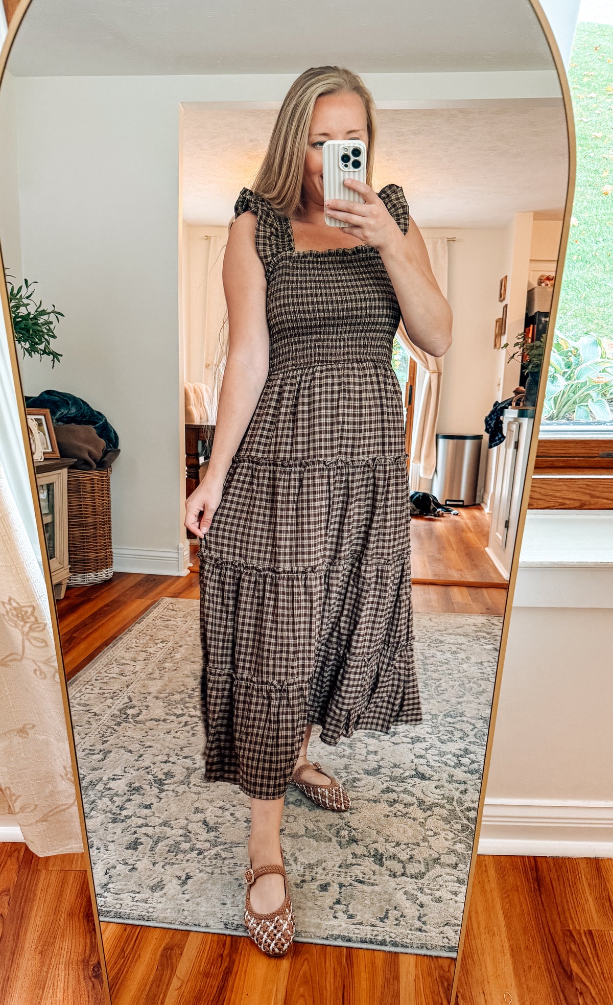 Sweetly Plaid Brown Smocked Midi Dress