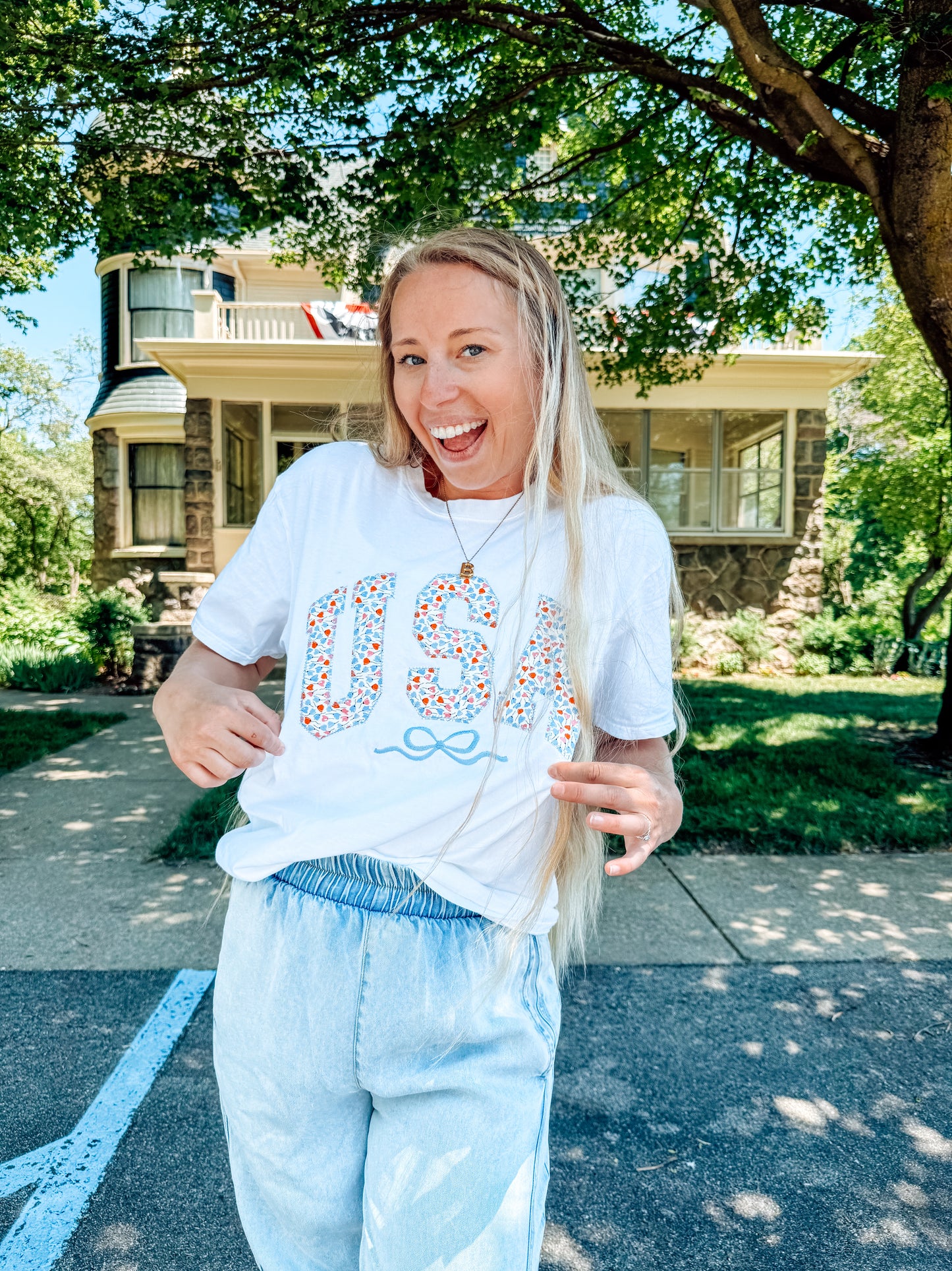 Floral USA Patriotic 4th of July Short Sleeve