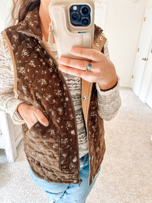 The Stitched Garden Puff Vest- Brown