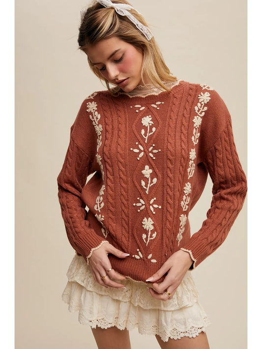 Rustic Charm Floral Embroidered Sweater