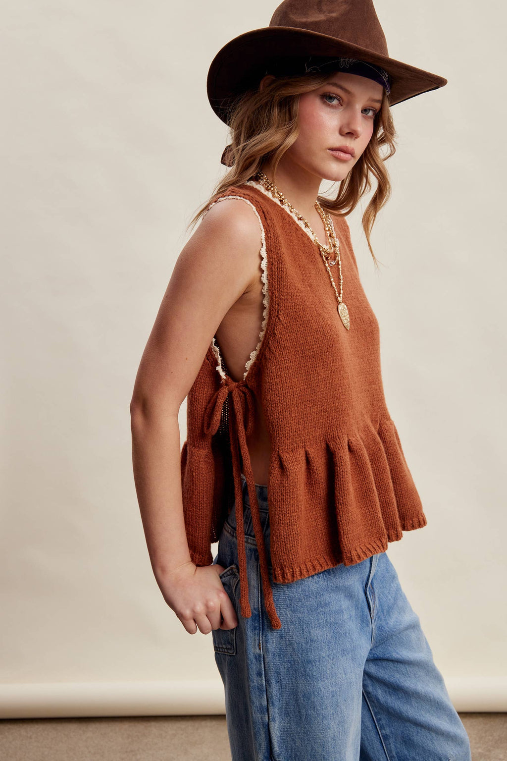 Rustic Wood Side Tie Knit Peplum Top