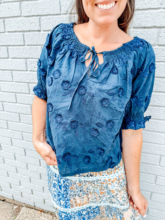 The Emery Embroidered Floral Blouse-Navy