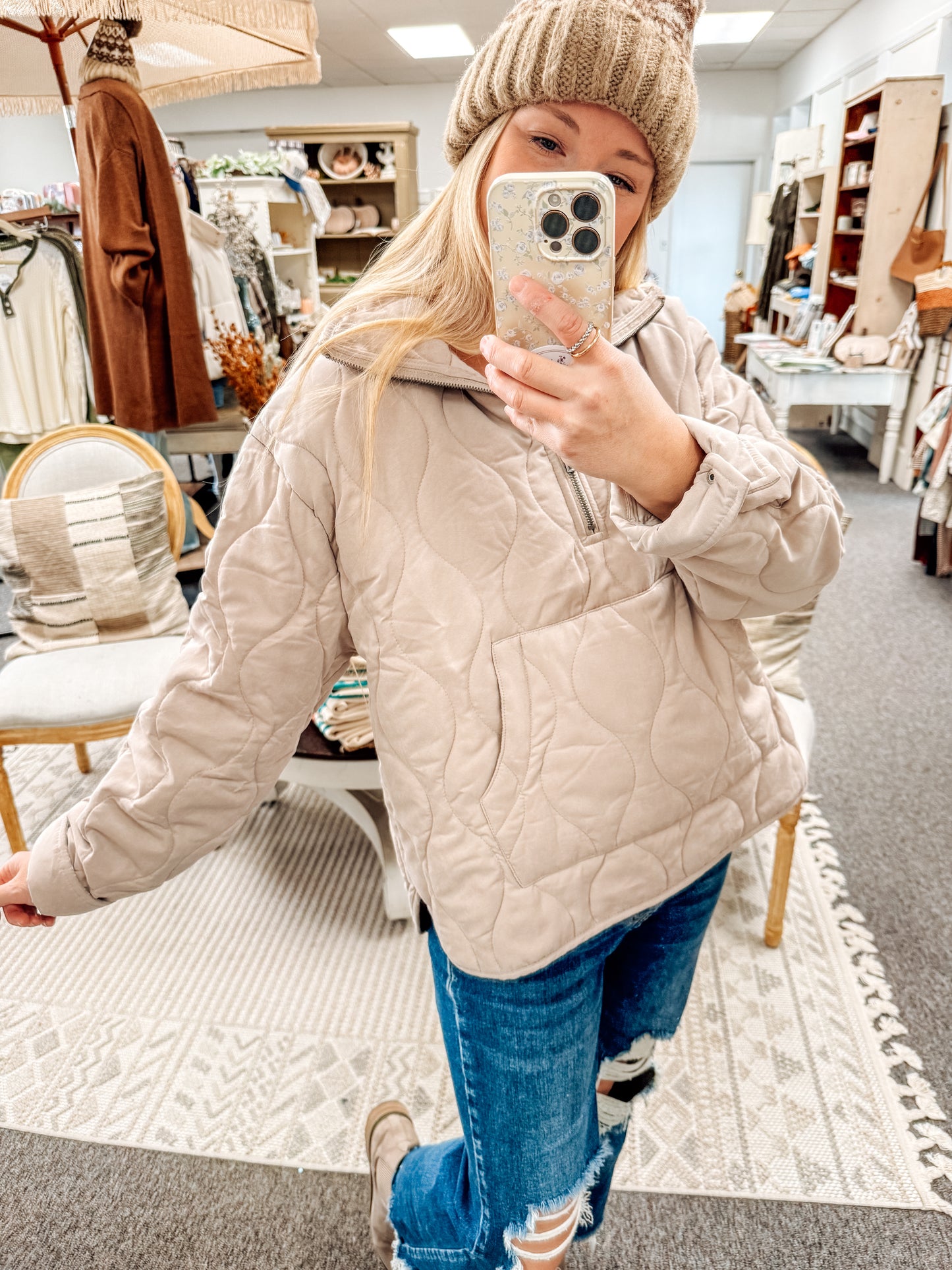 Frost & Stitch Quilted Pullover-Dk Taupe