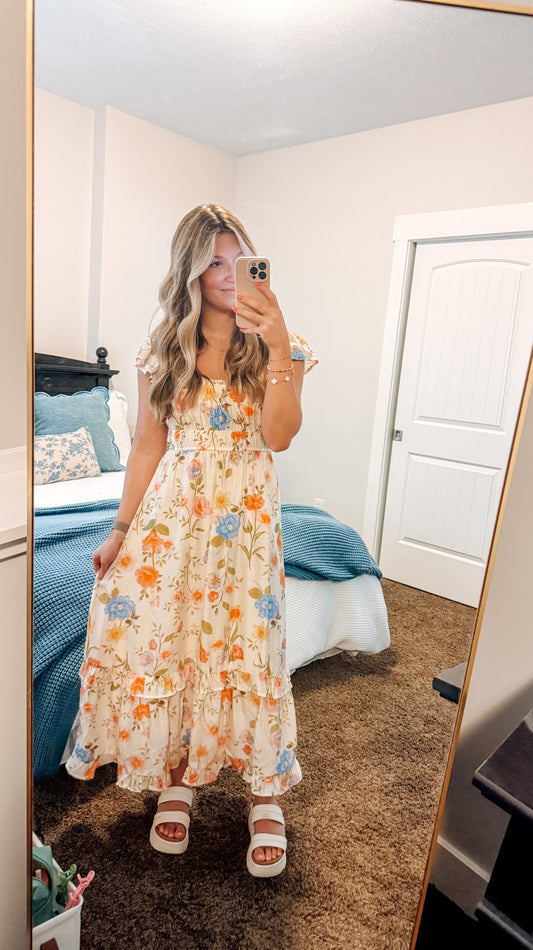 Petals & Poetry Short Sleeve Midi Dress-Beige Multi