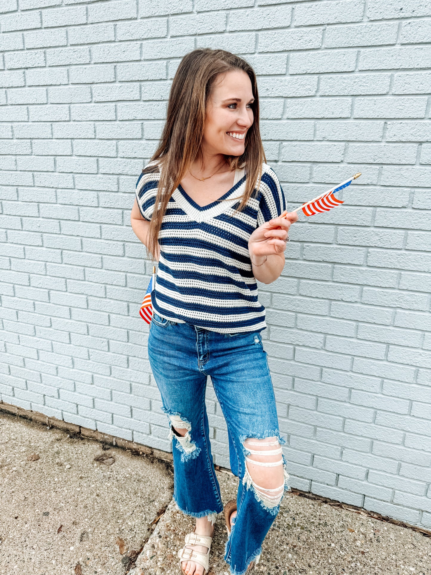 Patriotic Striped Knit Top-Navy