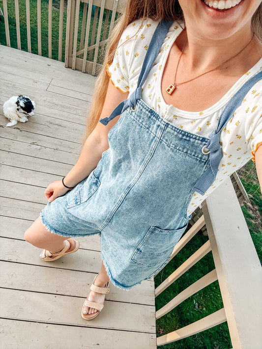 Washed Denim Pocket Overall Romper