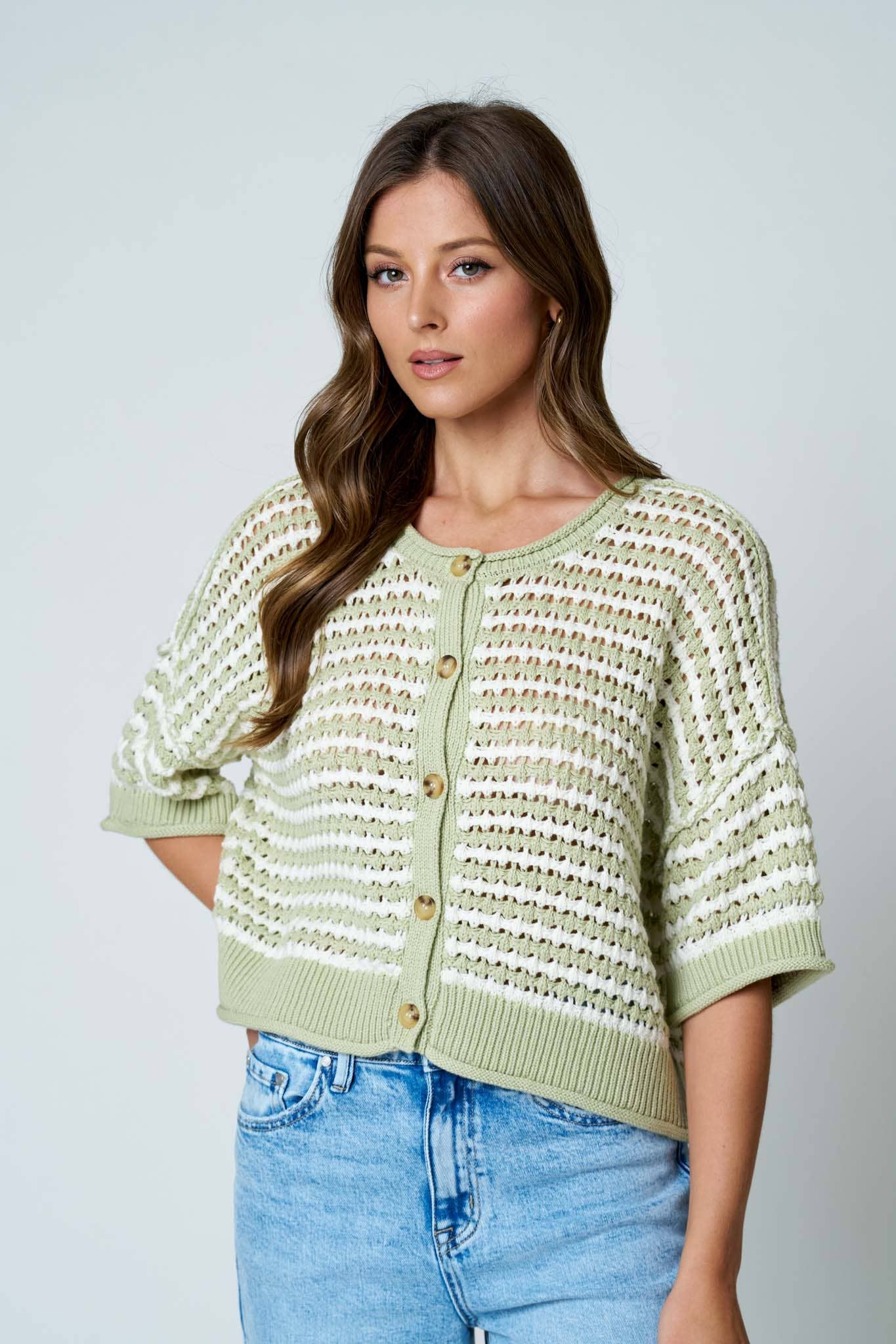 The Sadie Striped Knit Cardigan-Light Olive