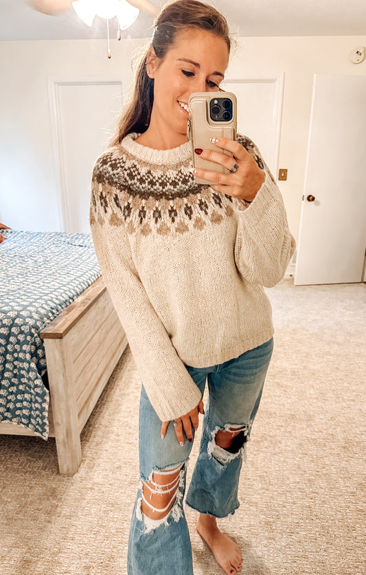 Fair Isle Pattern Long Sleeve Knit Sweater-Ivory