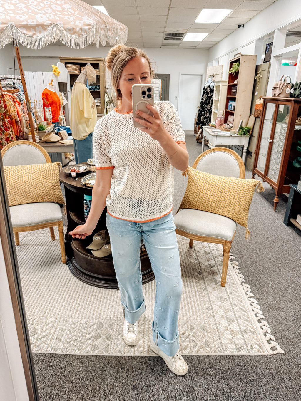 Coral Fishnet Sweater Top