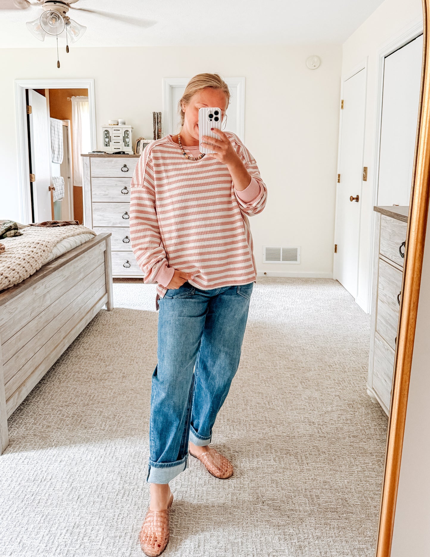 The Cozy Contrast Waffle Top-Pink