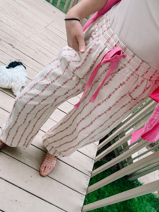 Vintage Print Barrel Pants-Pink