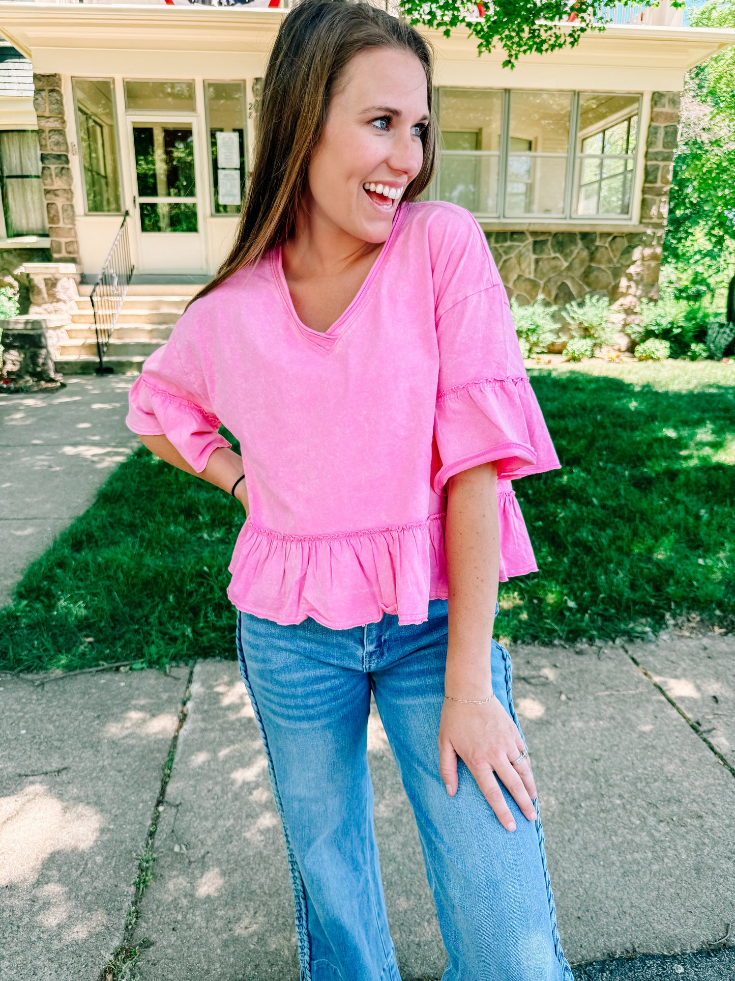 Easy Days Mineral Washed Ruffle Detail Knit Top-Pink