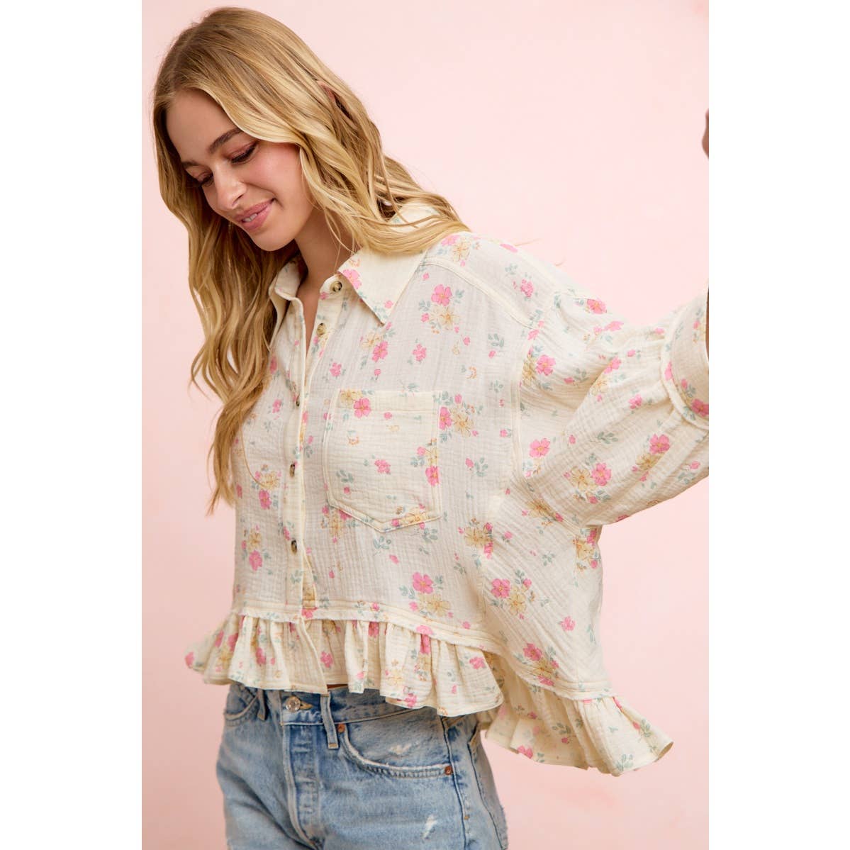 Flora Floral Peplum Button Up (S-Xl)