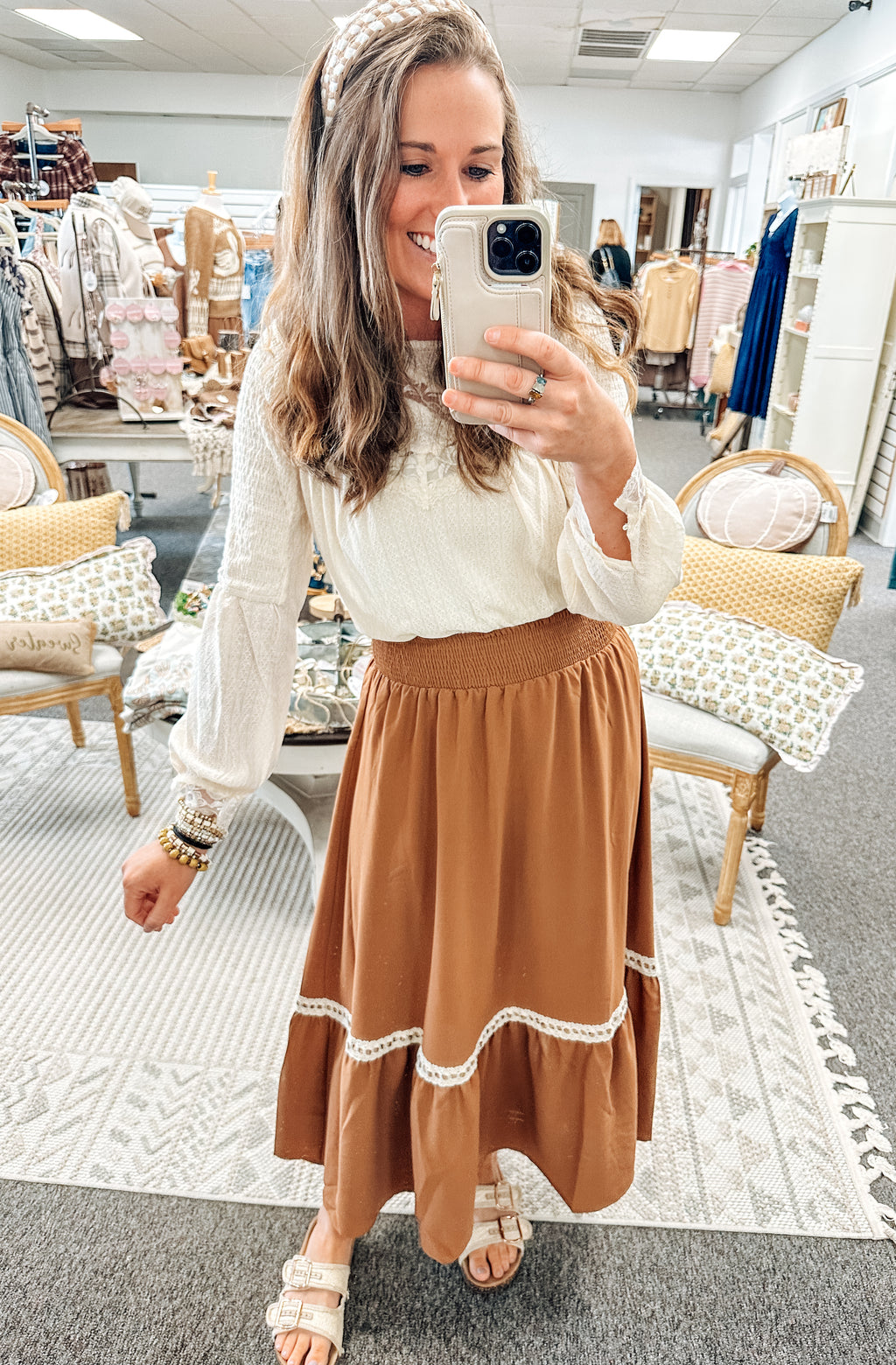 Midnight Stitch Lace Contrast Skirt-Brown
