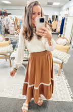 Midnight Stitch Lace Contrast Skirt-Brown