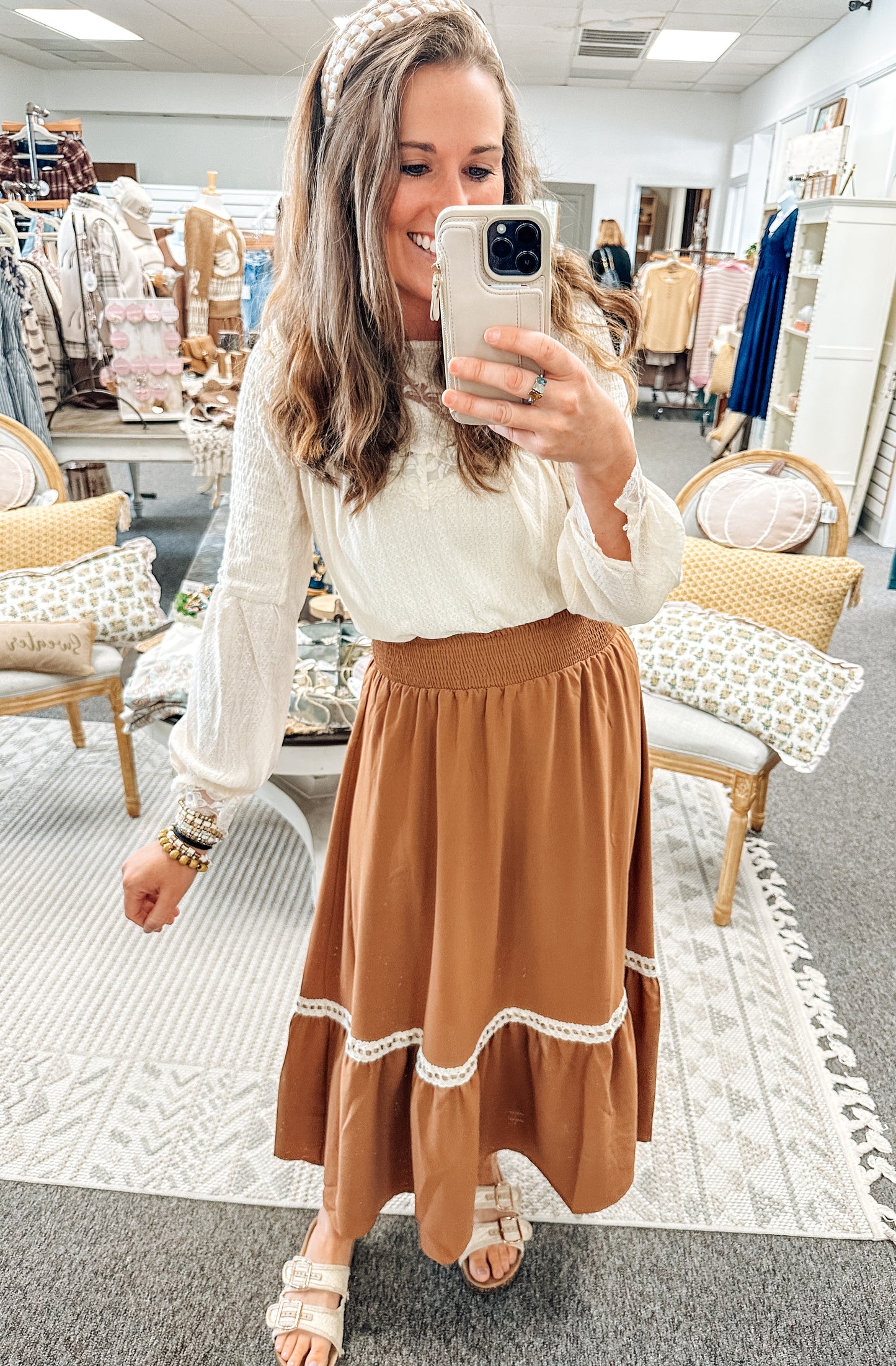 Midnight Stitch Lace Contrast Skirt-Brown