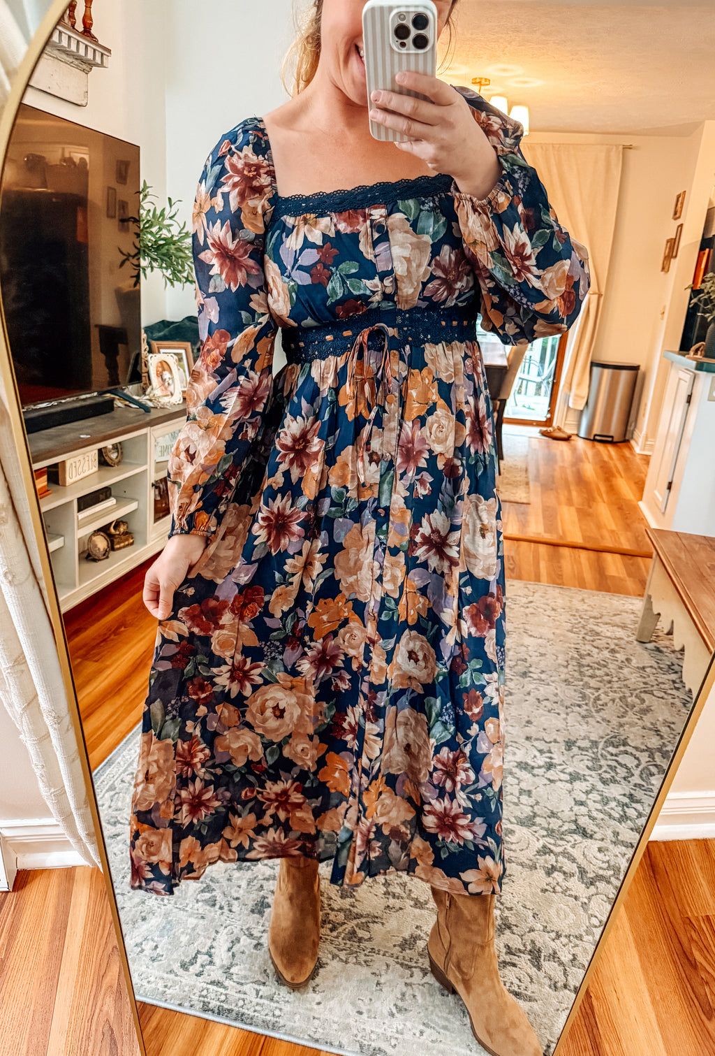 Midnight Blooms Navy Floral Lace Detail Midi Dress
