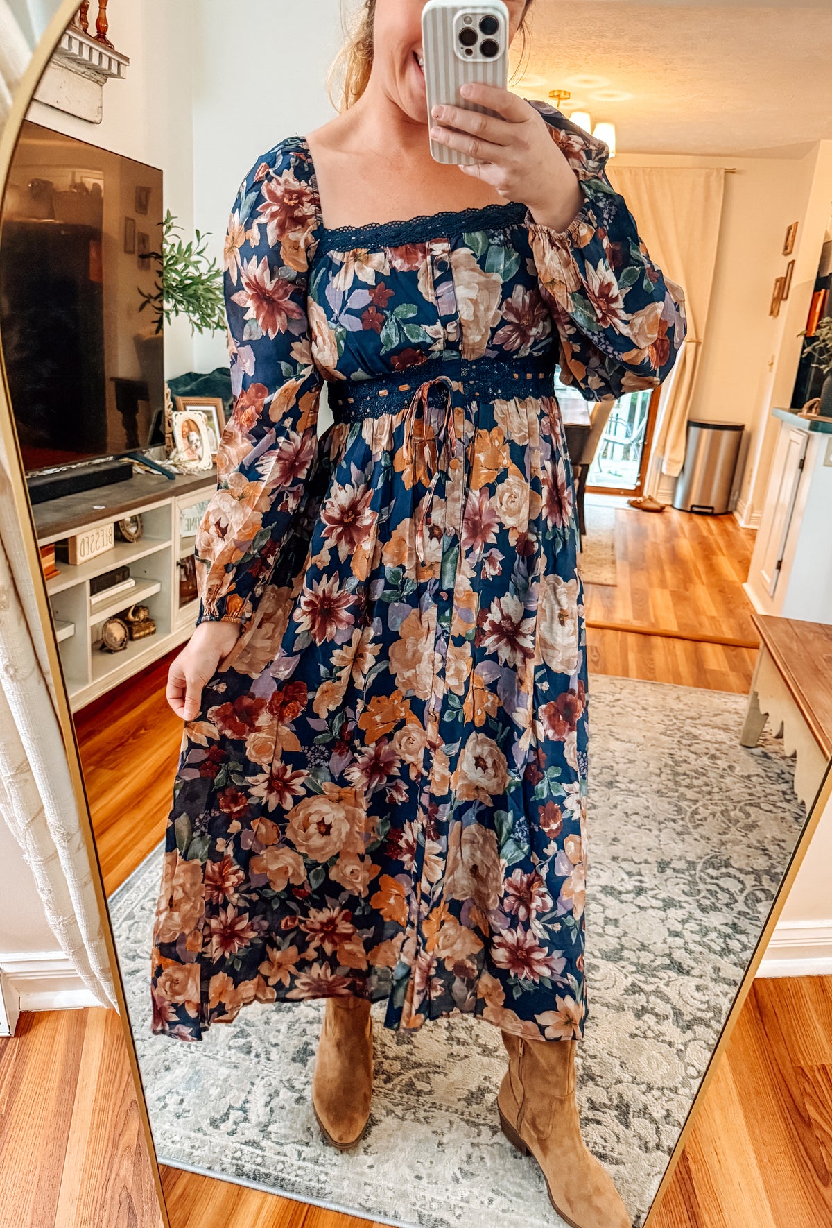 Midnight Blooms Navy Floral Lace Detail Midi Dress