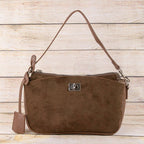 Pouch Style Turn Lock Detail Suede Shoulder Bag