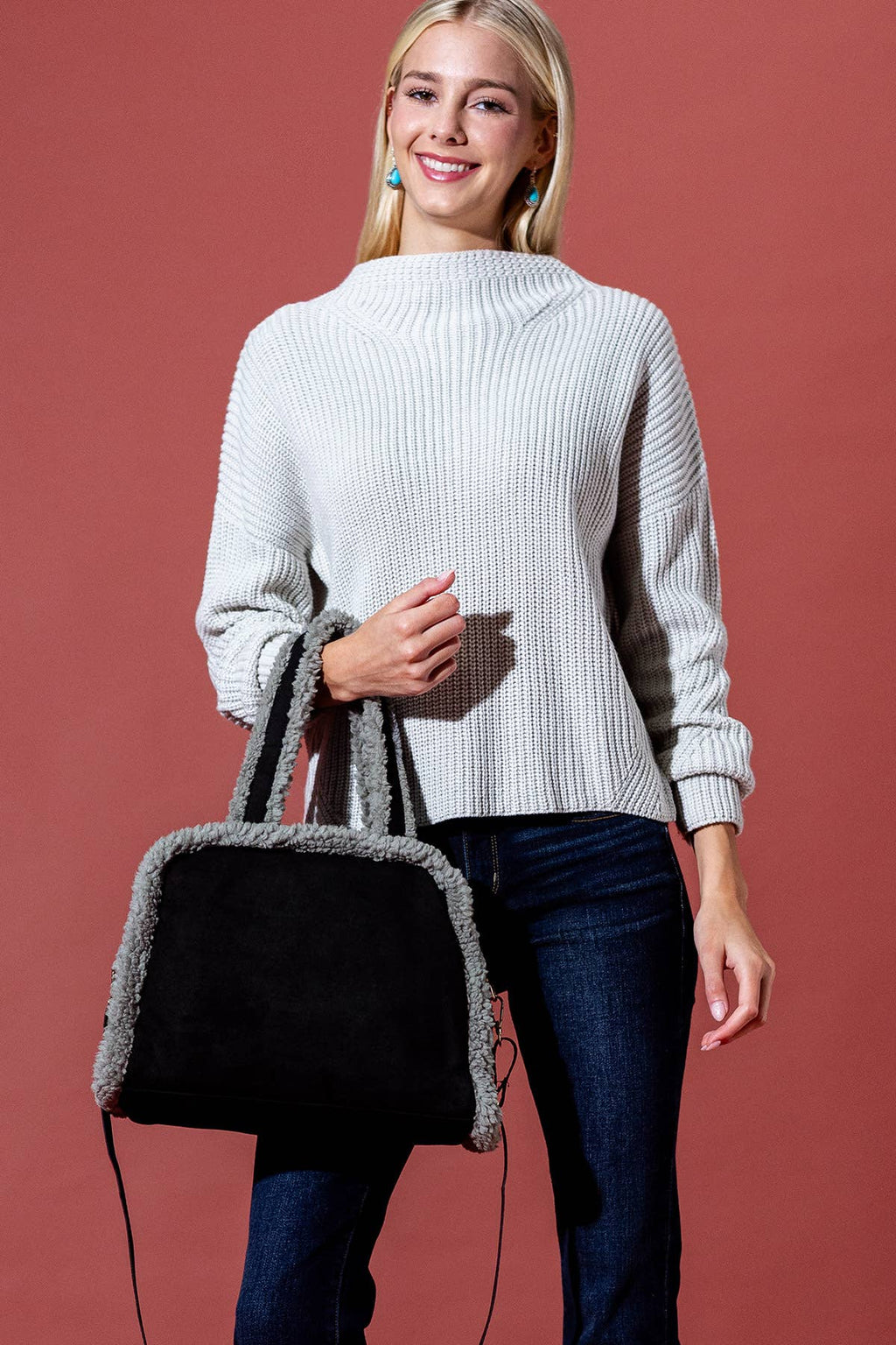Fleece Trim Tote & Crossbody Bag