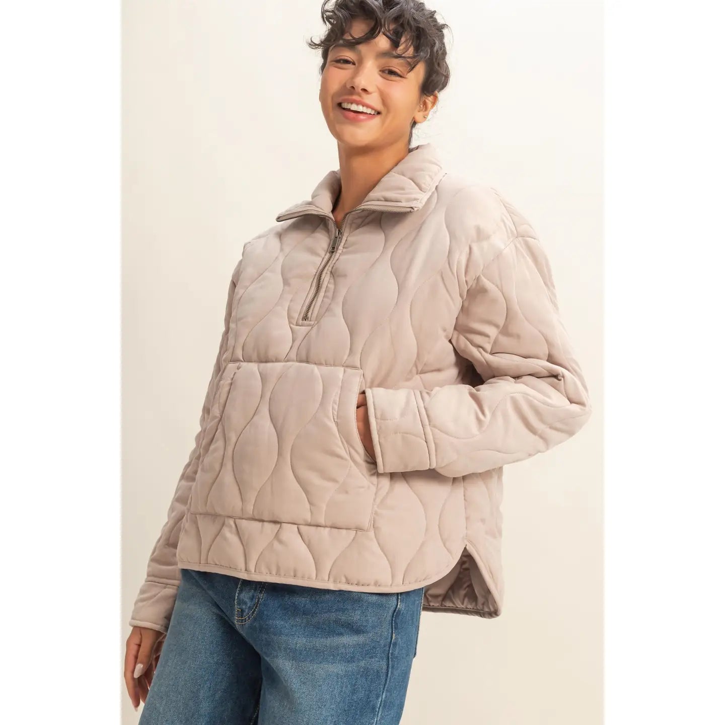 Frost & Stitch Quilted Pullover-Dk Taupe