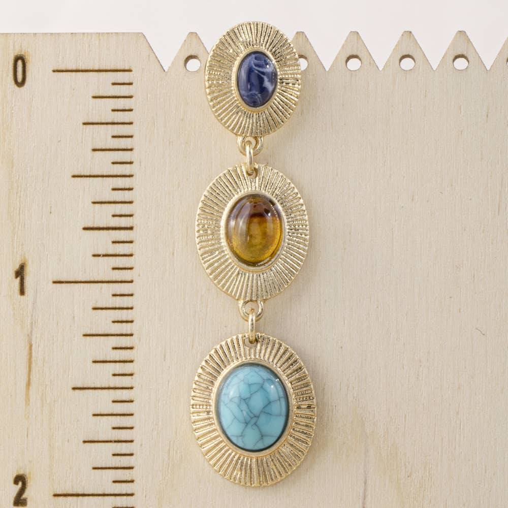 Sunburst Etched Triple Cabochon Drop Earrings