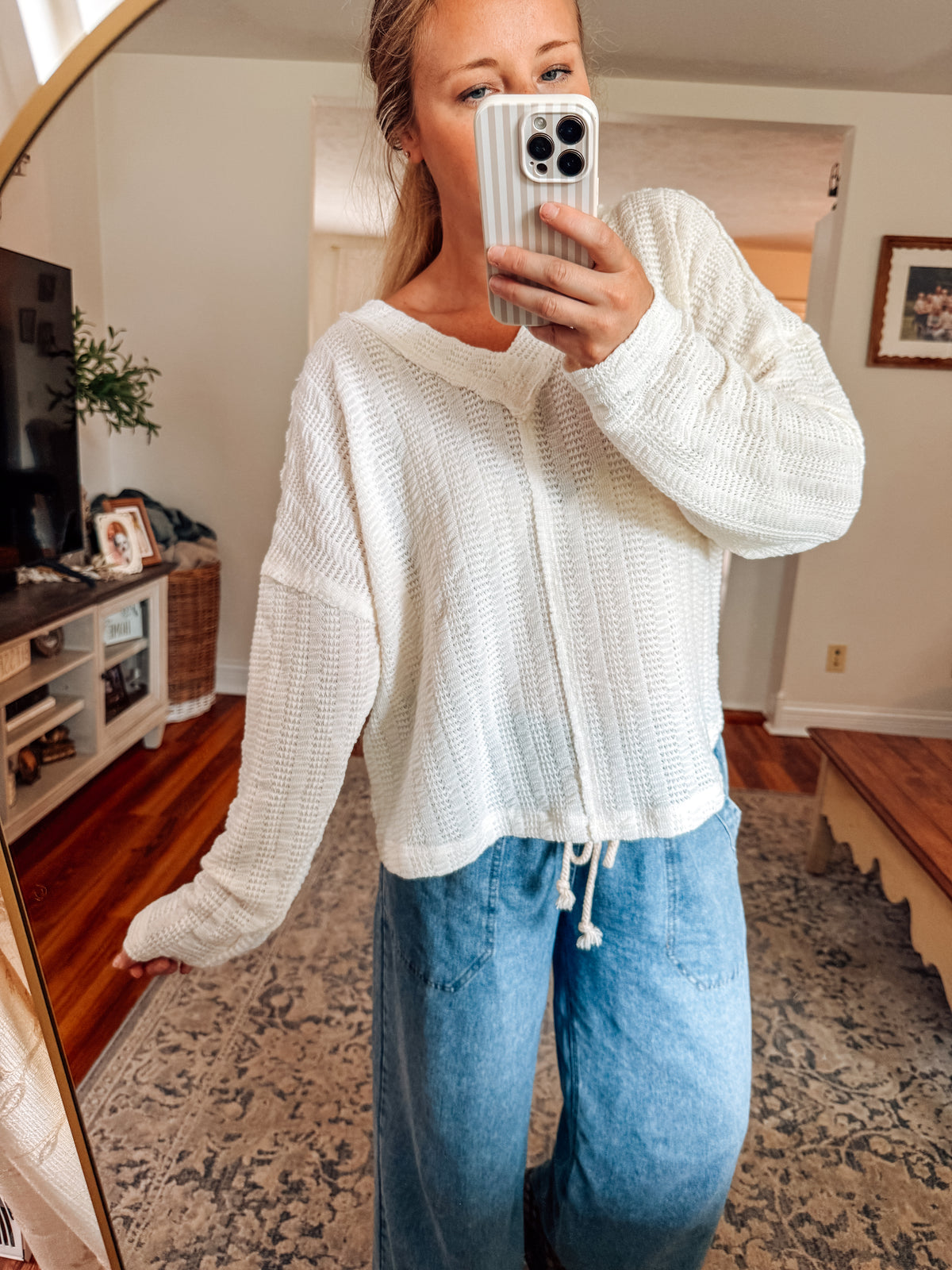 Vanilla Cream Open Weave V-Neck Top