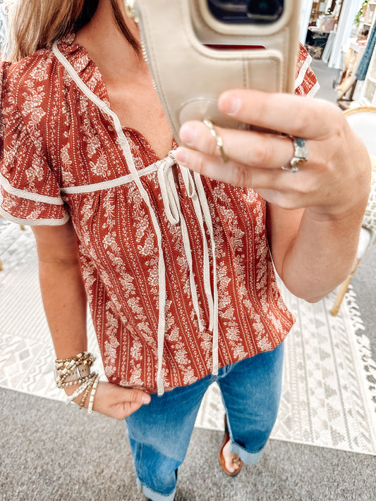 Moody Fall Striped Blouse-Burgundy (S-3X)