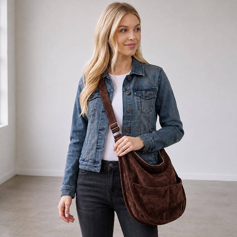 Faux Suede Slouchy Crossbody Hobo Bag: Dark Brown