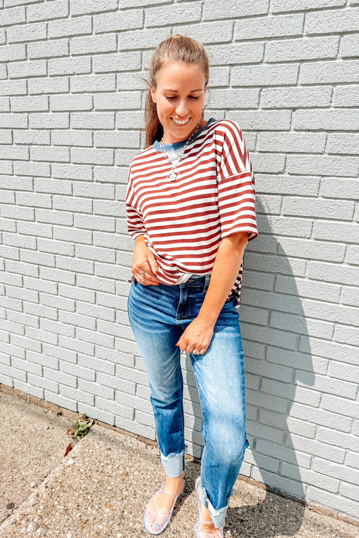 Simply Striped Basic Short Sleeve Top-Burgundy (S-3X)