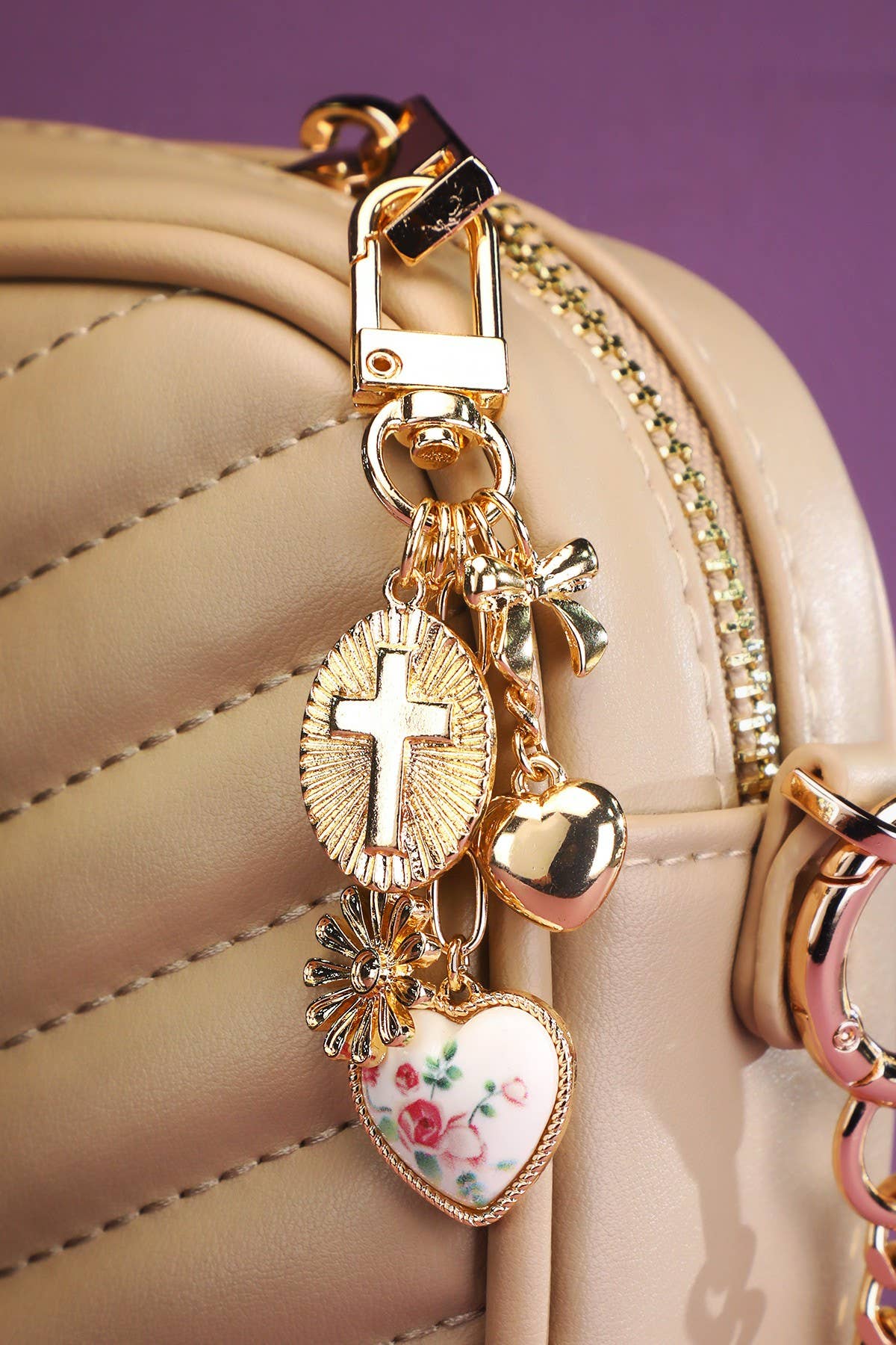 Heart Ribbon Flower Cross Bag Charm