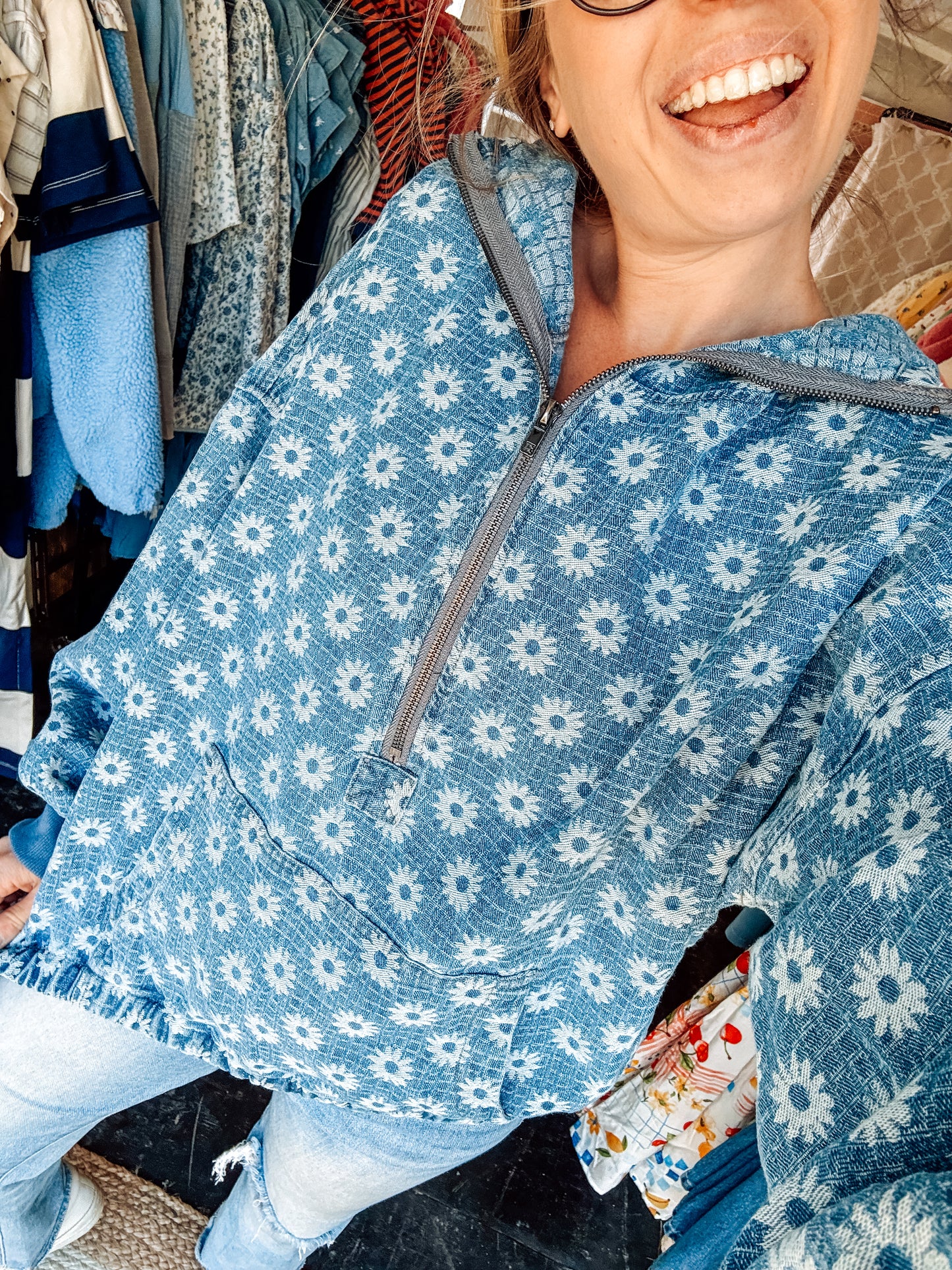 Daydreaming in Denim Flower Hoodie (S-XL)