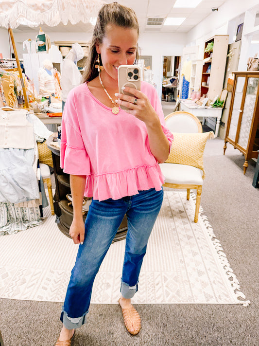 Easy Days Mineral Washed Ruffle Detail Knit Top-Pink
