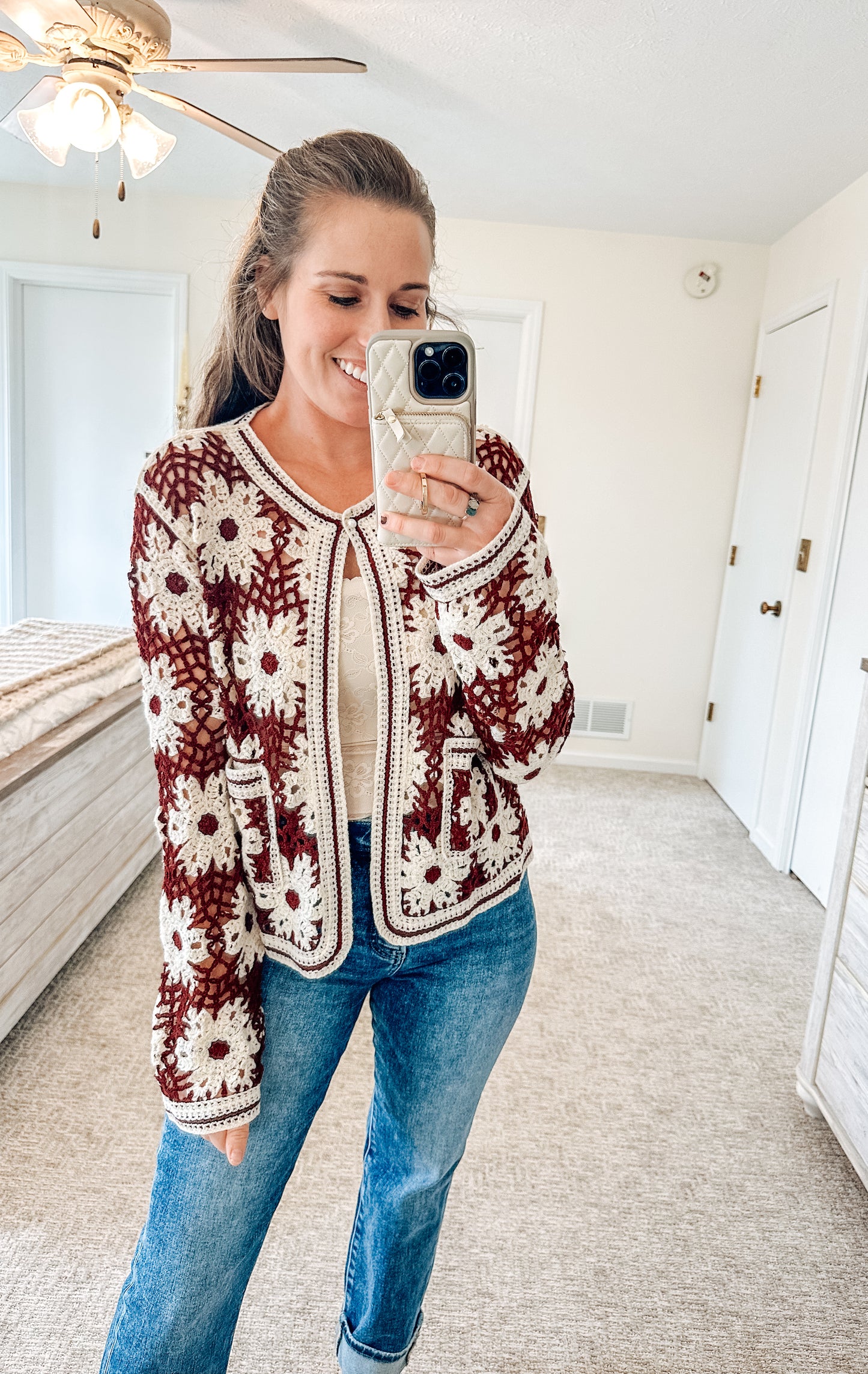 Crimson Frost Crochet Cardigan