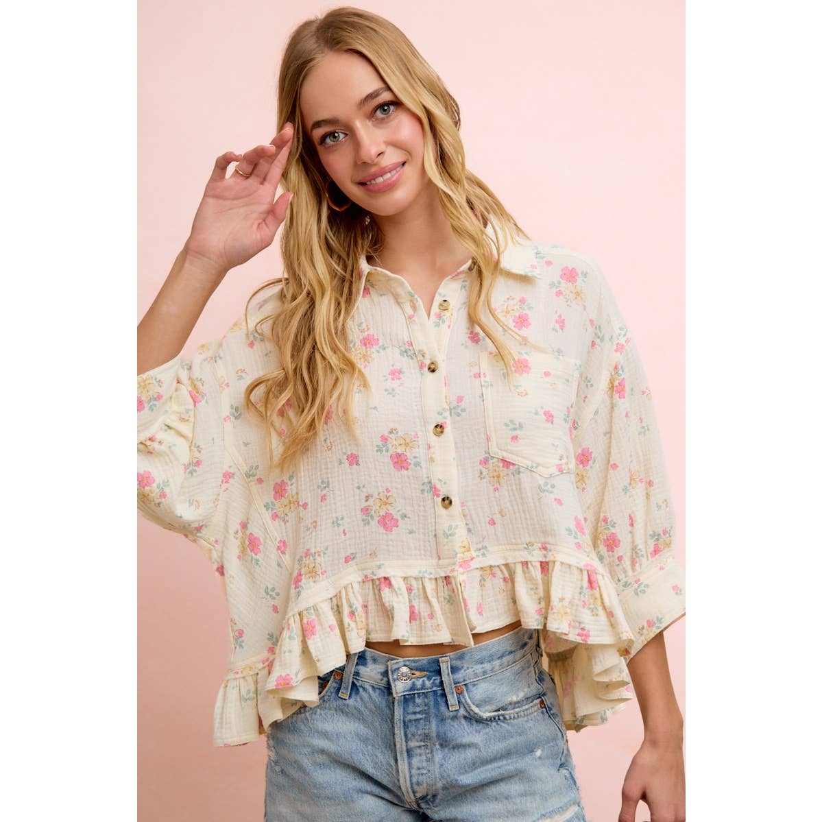 Flora Floral Peplum Button Up (S-Xl)