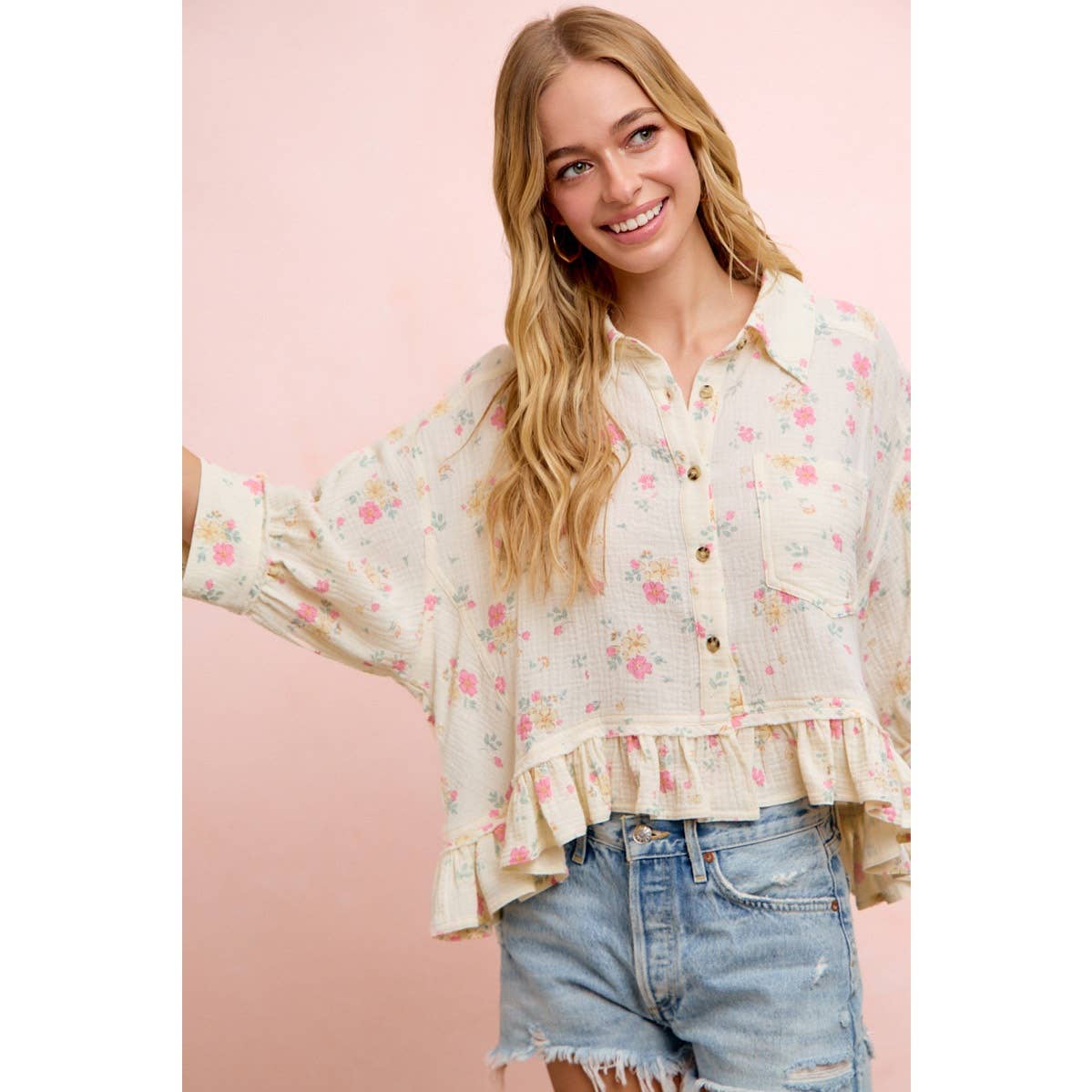 Flora Floral Peplum Button Up (S-Xl)