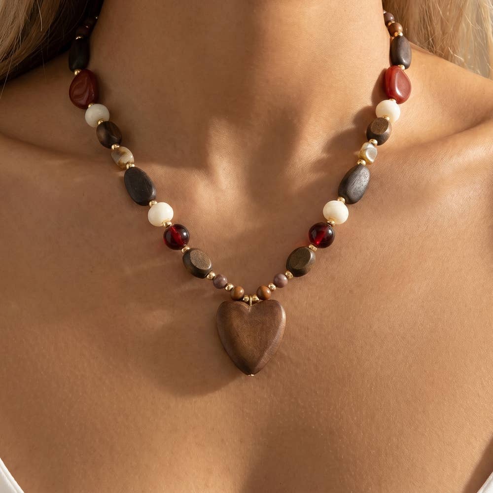 Wood Bead Heart Pendant Necklace