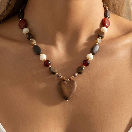 Wood Bead Heart Pendant Necklace
