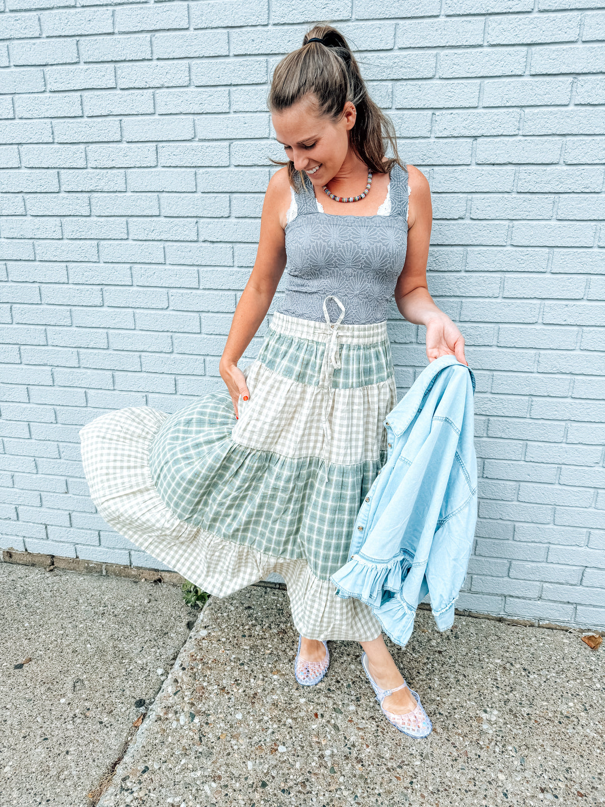 Sage & Sand Gingham Skirt (S-XL)