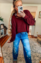 Crimson Raw Edge VNeck Knit Top
