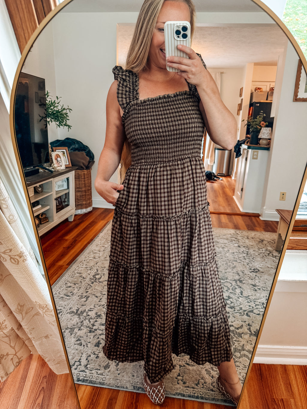 Sweetly Plaid Brown Smocked Midi Dress