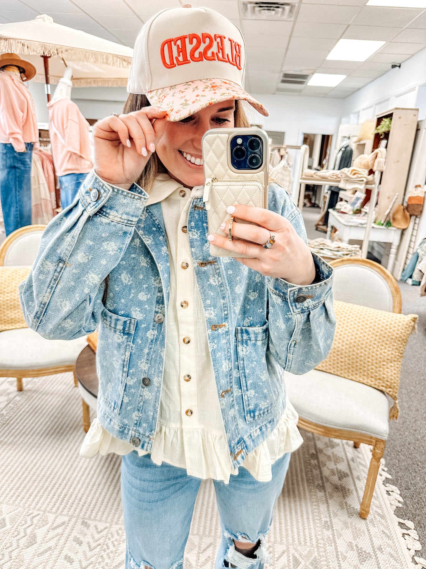 Bloom & Blue Floral Light Wash Denim Jacket