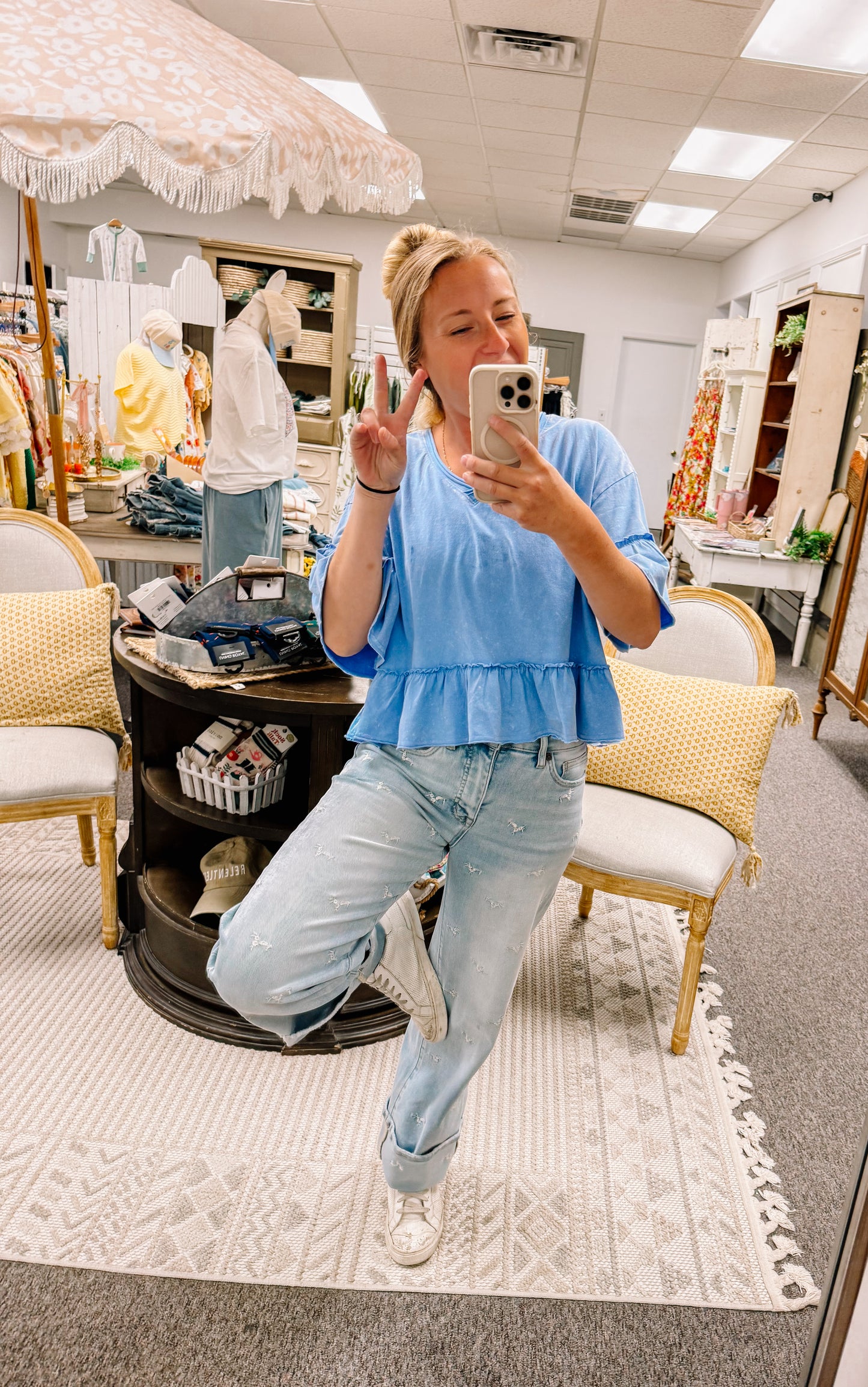 Easy Days Mineral Washed Ruffle Detail Knit Top-Blue
