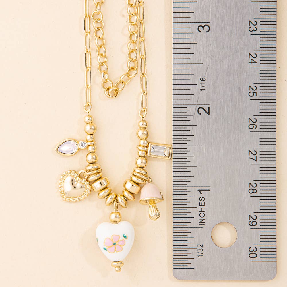 Double Heart Charm Cluster Chain Necklace