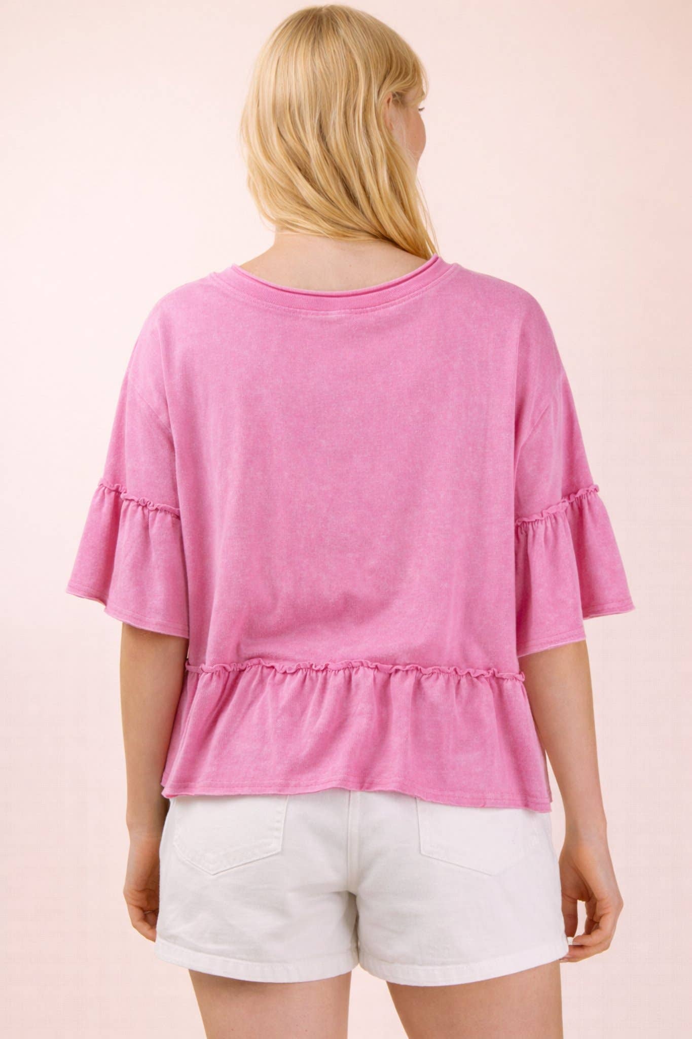 Easy Days Mineral Washed Ruffle Detail Knit Top-Pink