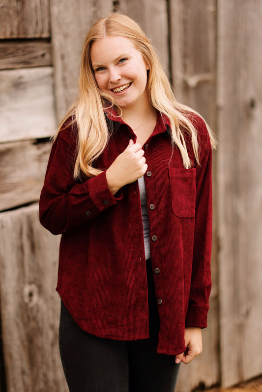 Style Me Chic Corduroy Button Up-Burgundy (S-3X)