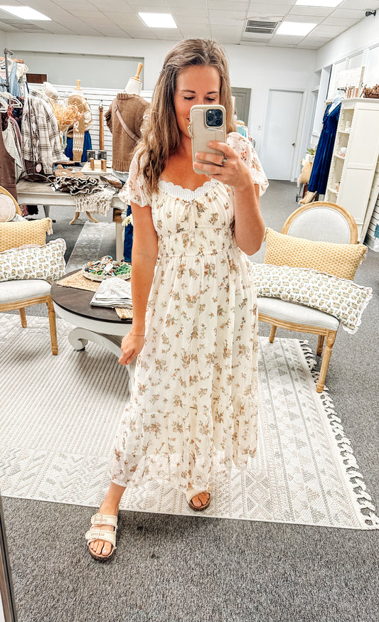 Rustic Charm Midi Dress-Cream